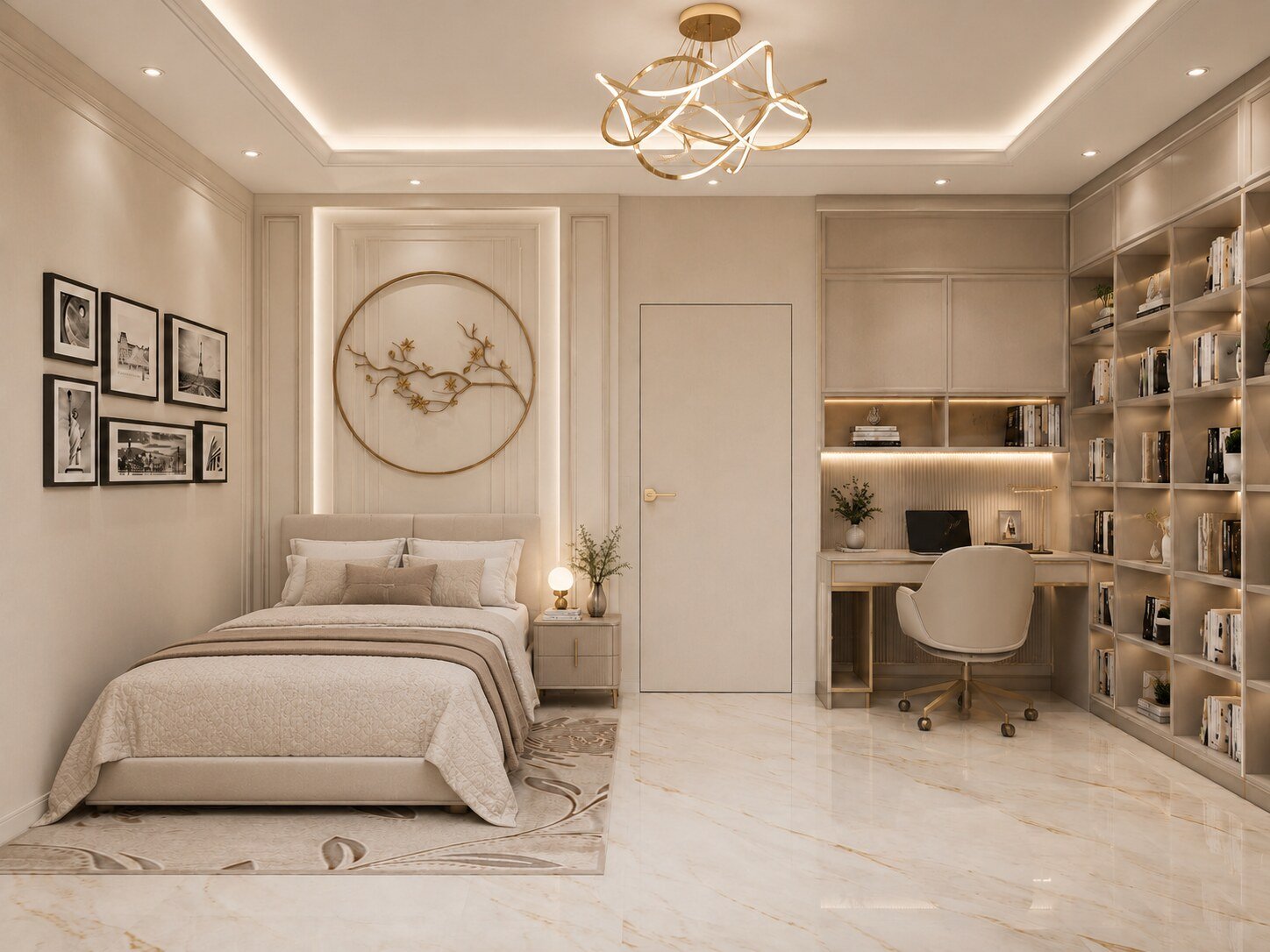 Duplex render - bedroom with library wall
