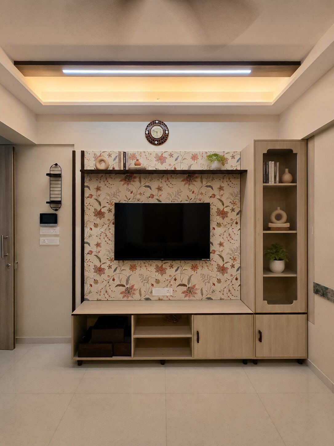 Past project - living room TV unit with floral wallpaper