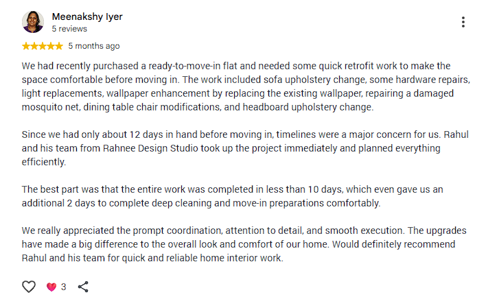 Google review from Meenakshy Iyer