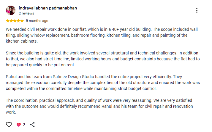 Google review from Indravallabhan Padmanabhan